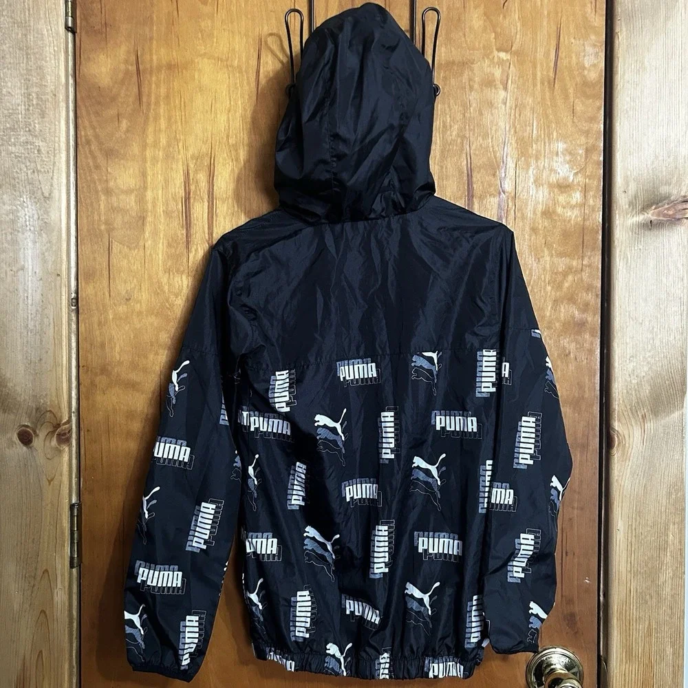 Puma Youth Rain Jacket Black‎ Boy Size L (14-16) Windbreaker Coat Logo